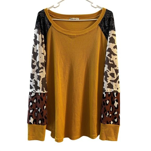 Southern Stitch Tops - Southern Stitch Mustard Yellow Waffle Knit Top Mixed Animal Print Sleeves XL